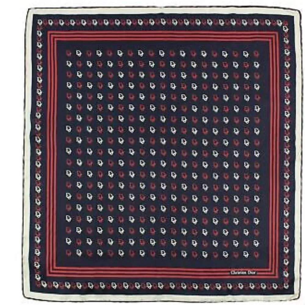 Christian Dior Blue Red White Silk Allover Logo Print Bordered Hand Roll Scarf